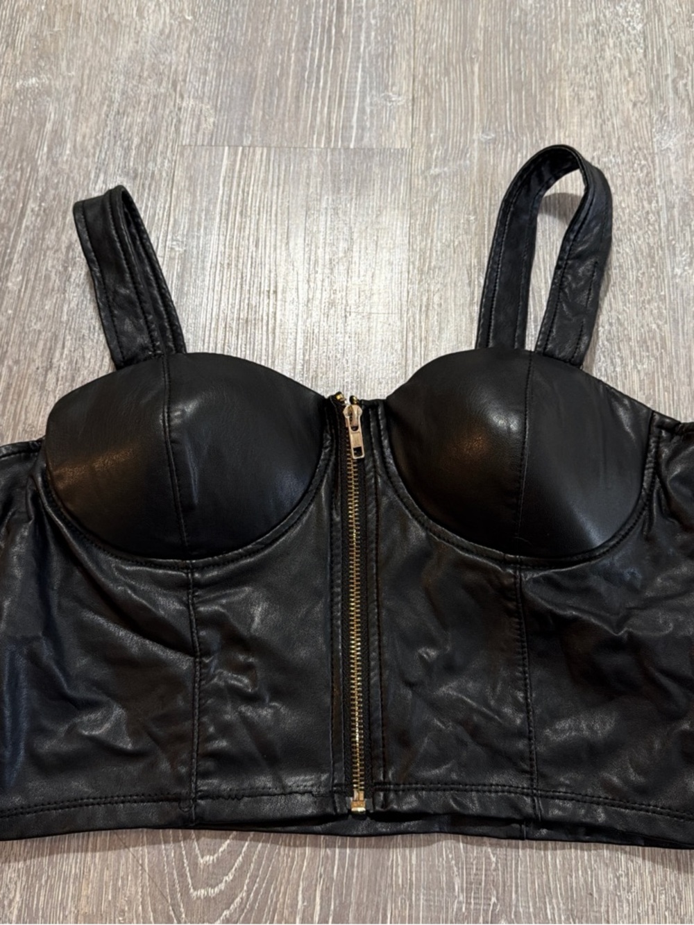 Black Faux Leather Cropped Bustier Top with Front Zip